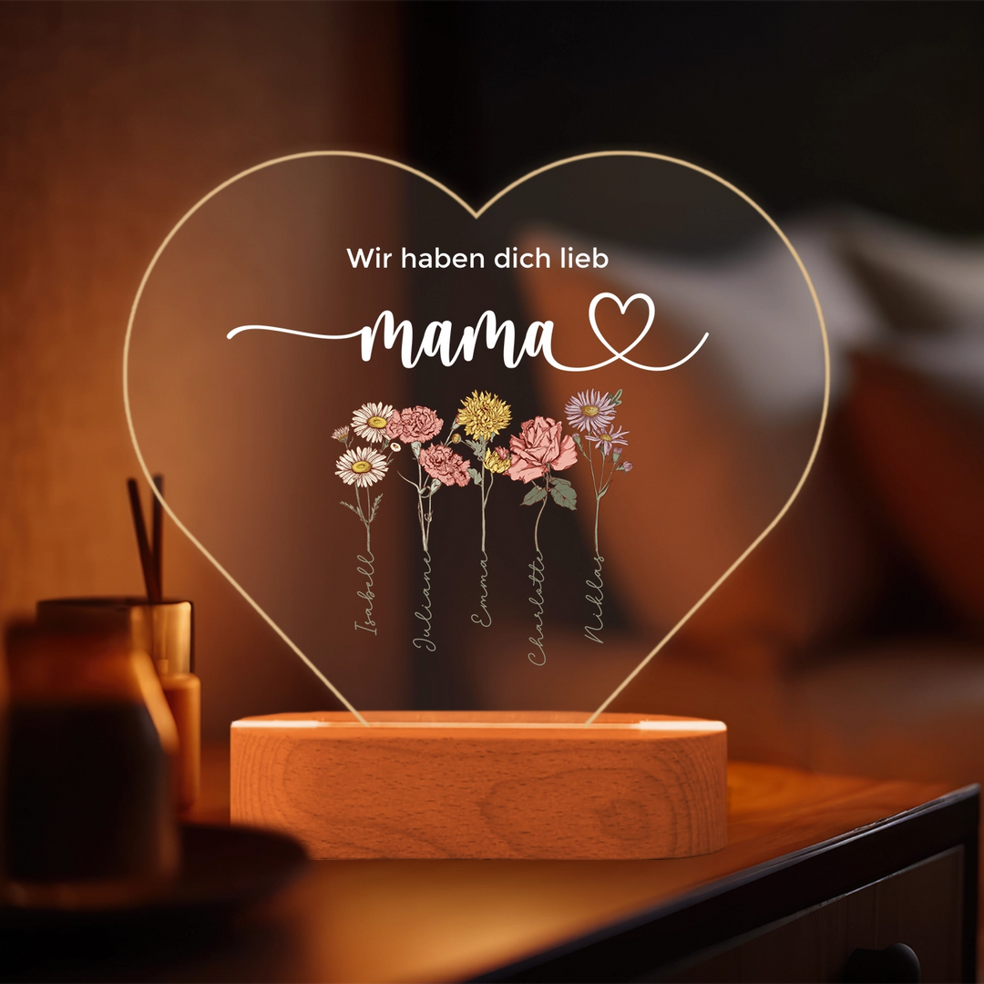 Personalisiertes Herz Acryl-Licht "Blumen für Mama" | Nachtlicht, Dekolicht, Glowlight