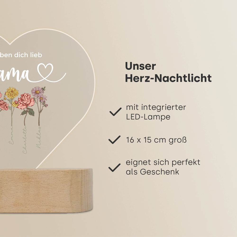 Personalisiertes Herz Acryl-Licht "Blumen für Mama" | Nachtlicht, Dekolicht, Glowlight