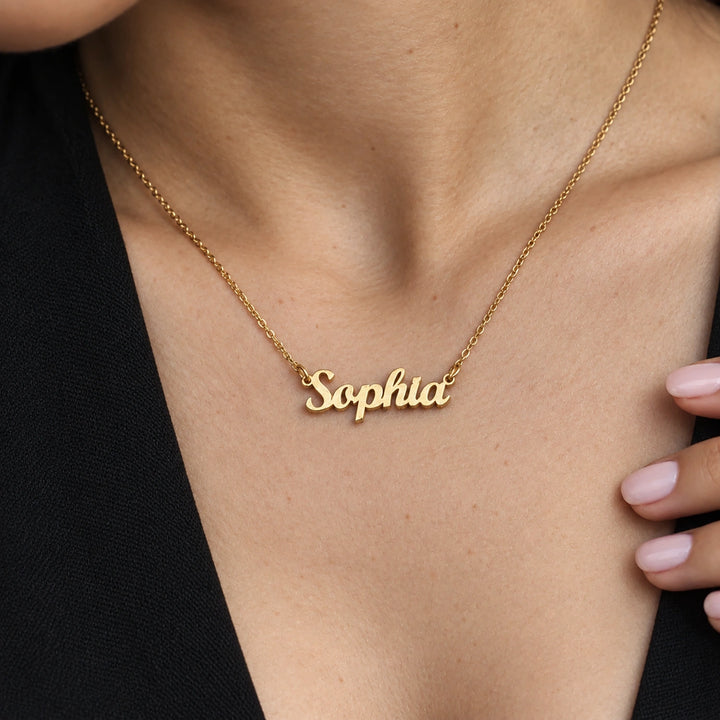 Personalized Necklace "Name" as a gift for her: gold script name necklace worn at the collarbone – famwalls