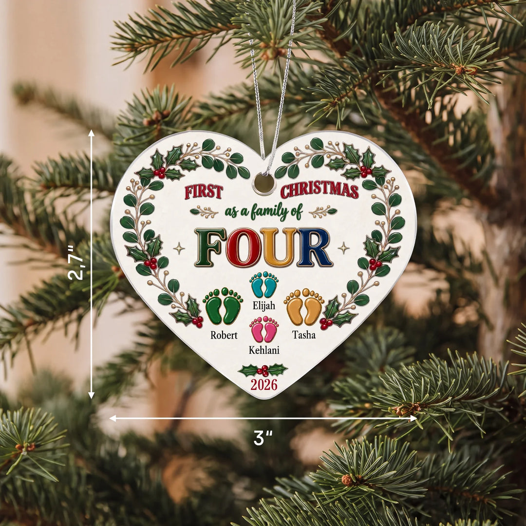 First Christmas family heart ornament with footprints and names, size 3" x 2.7"