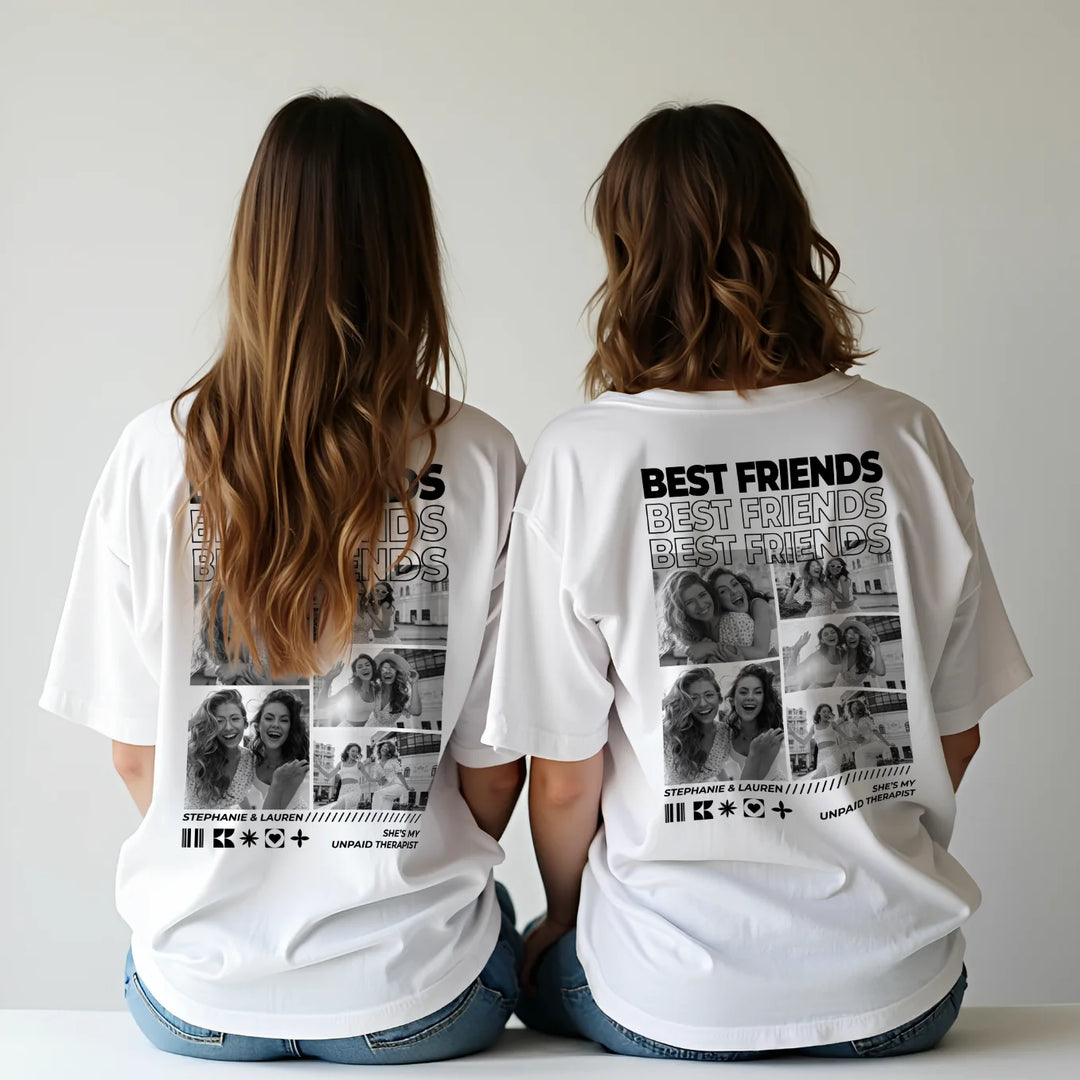 Two friends sitting in white oversized shirts with photo collage and names