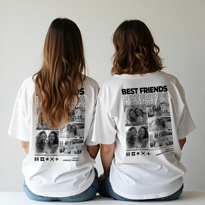 Two friends sitting in white oversized shirts with photo collage and names