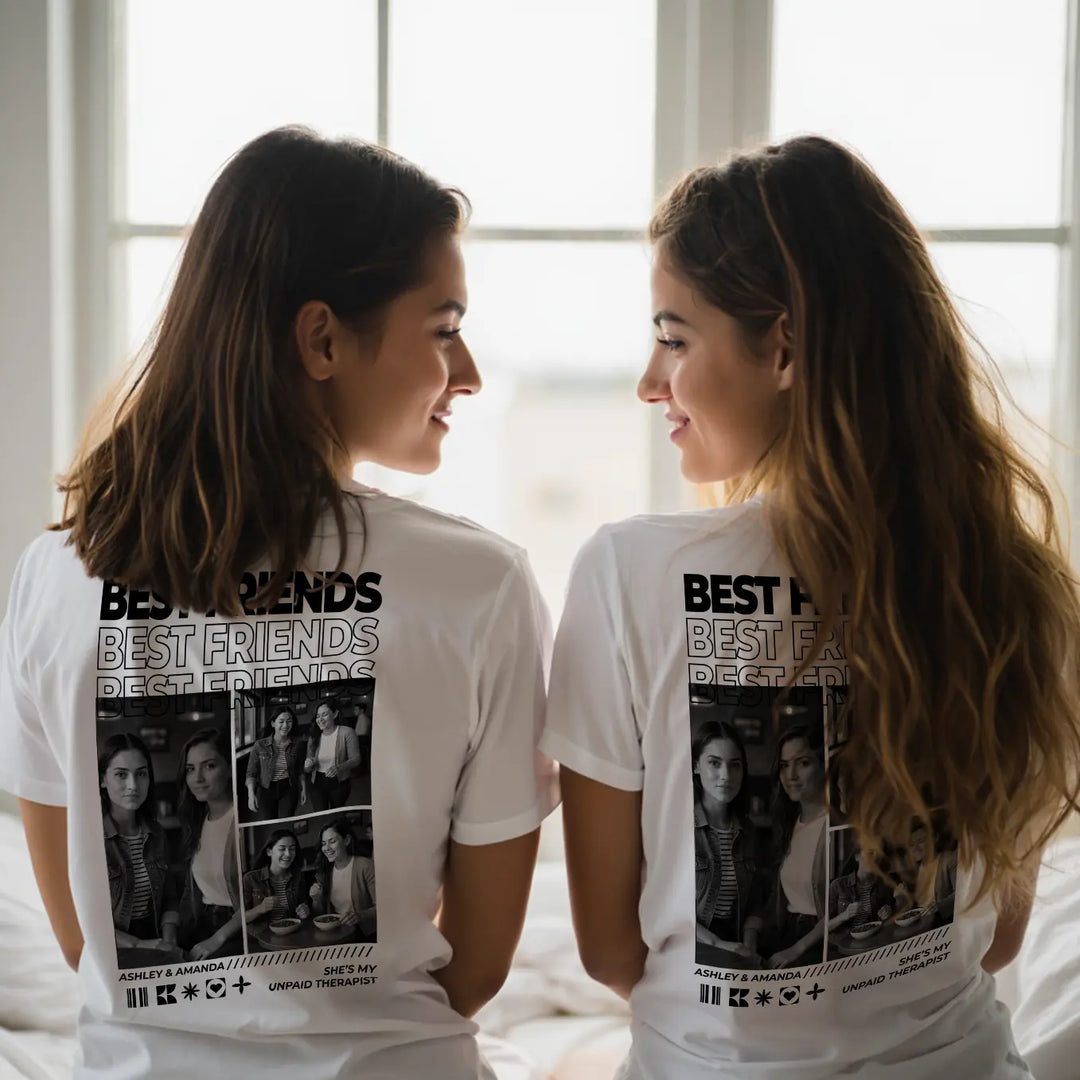 Two women in white oversized T-shirts with custom title and photo collage
