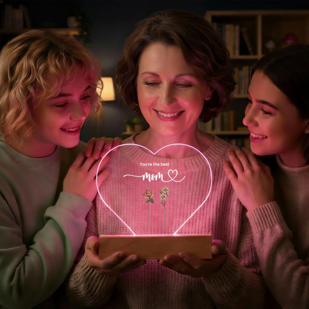 Personalized Heart-Shaped Acrylic Light "Flowers for Mom"