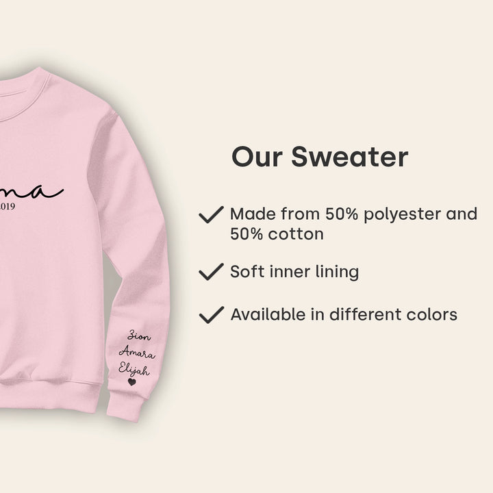 Personalized "Mama Cursive" Sweater with Sleeve Print