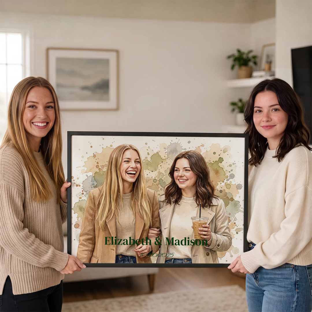 Two friends holding their watercolor poster in landscape format in the living room