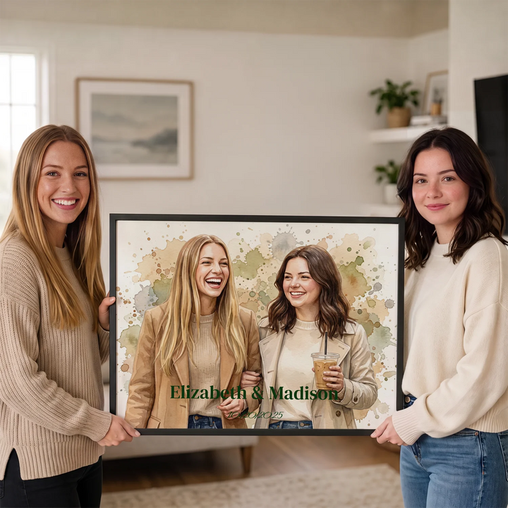 Two friends holding their watercolor poster in landscape format in the living room