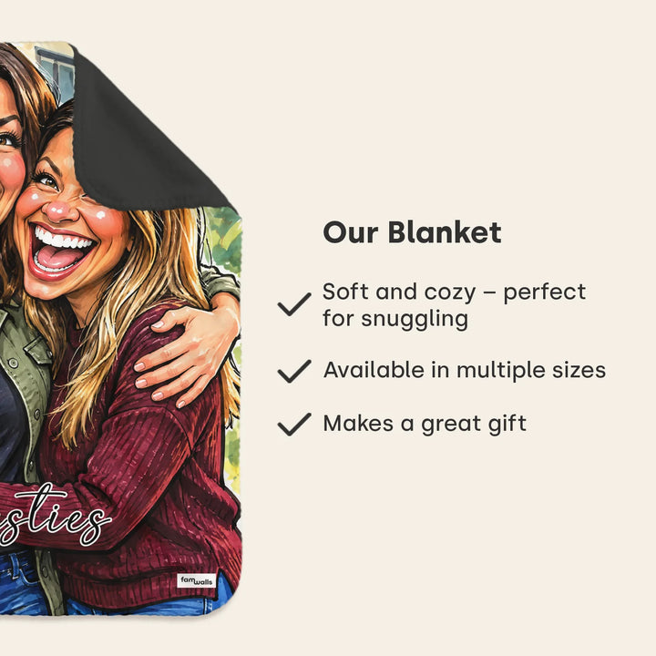 Close-up of the soft Besties sketch blanket with a dark back side