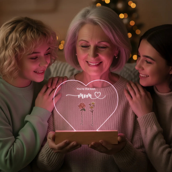 Personalized Heart-Shaped Acrylic Light "Flowers for Mom"