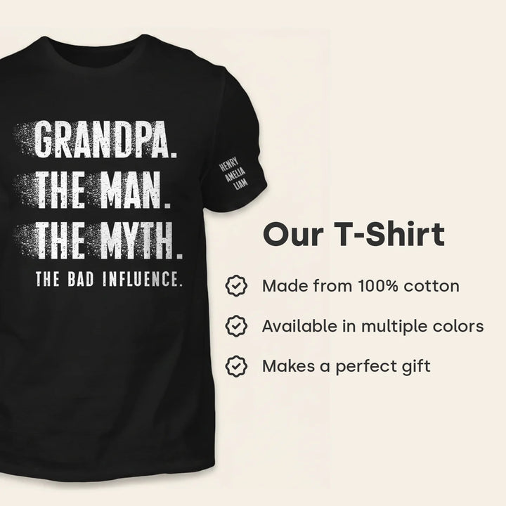 Personalized T‑Shirt "Bad Influence Grandpa" with Sleeve Print