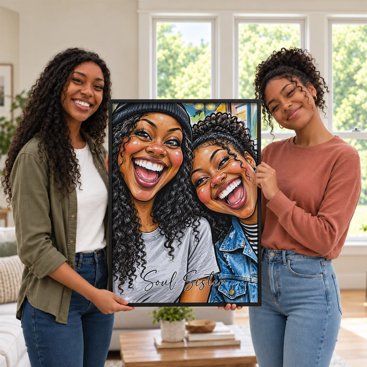 Friends holding their caricature poster in the living room
