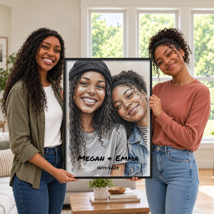 Friends holding their watercolor portrait poster in a bright living room