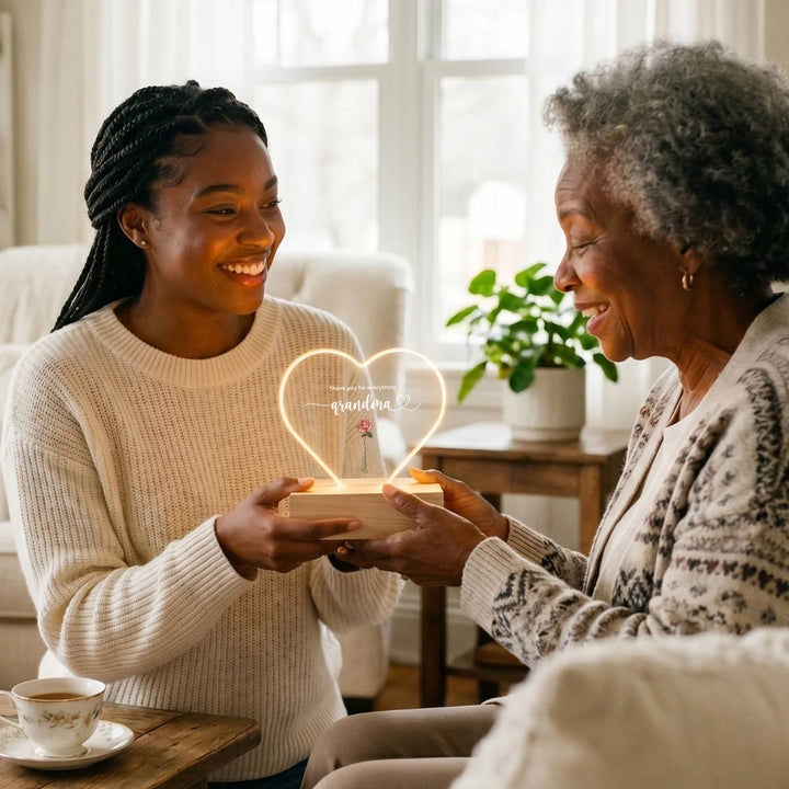 Personalized Heart Acrylic Light "Flowers for Grandma" | Night Light, Decor Light, Glow Light