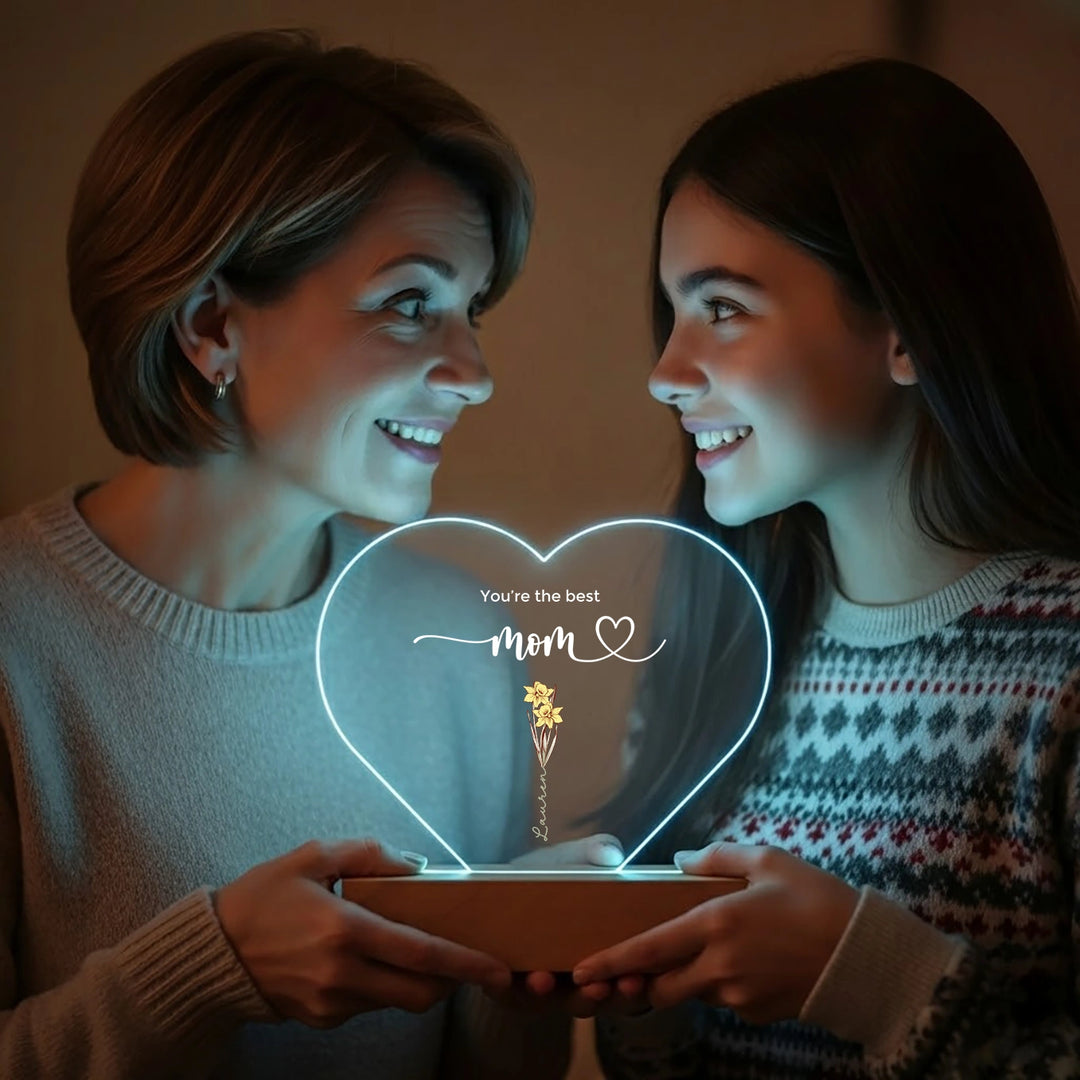 Personalized Heart-Shaped Acrylic Light "Flowers for Mom"