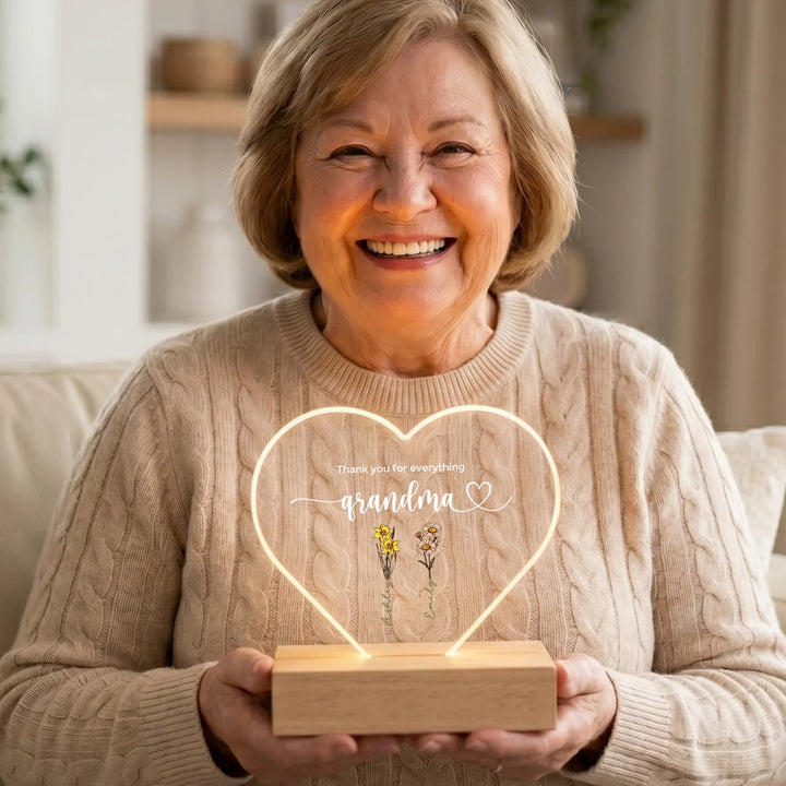 Personalized Heart Acrylic Light "Flowers for Grandma" | Night Light, Decor Light, Glow Light
