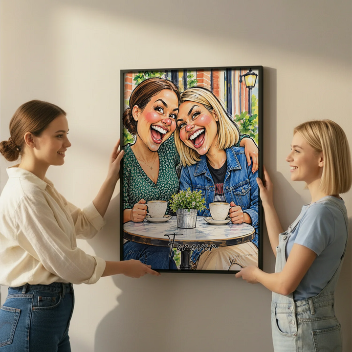 Two friends hanging their caricature poster with a café scene on the wall