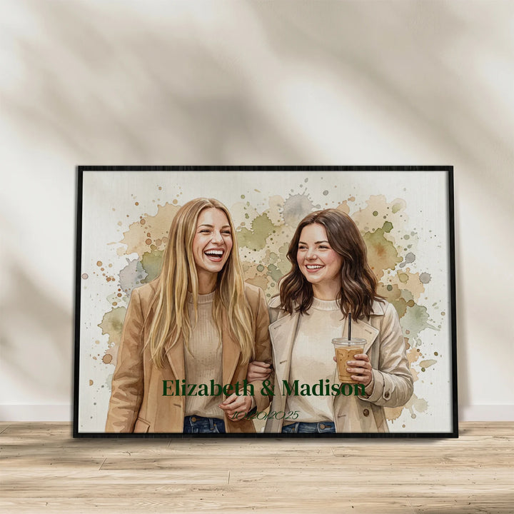 Watercolor poster in landscape format with two laughing friends on a wooden shelf