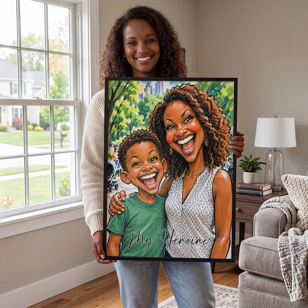 Mom holding a personalized sketch poster of herself and her son with My Heroine lettering in a bright living room