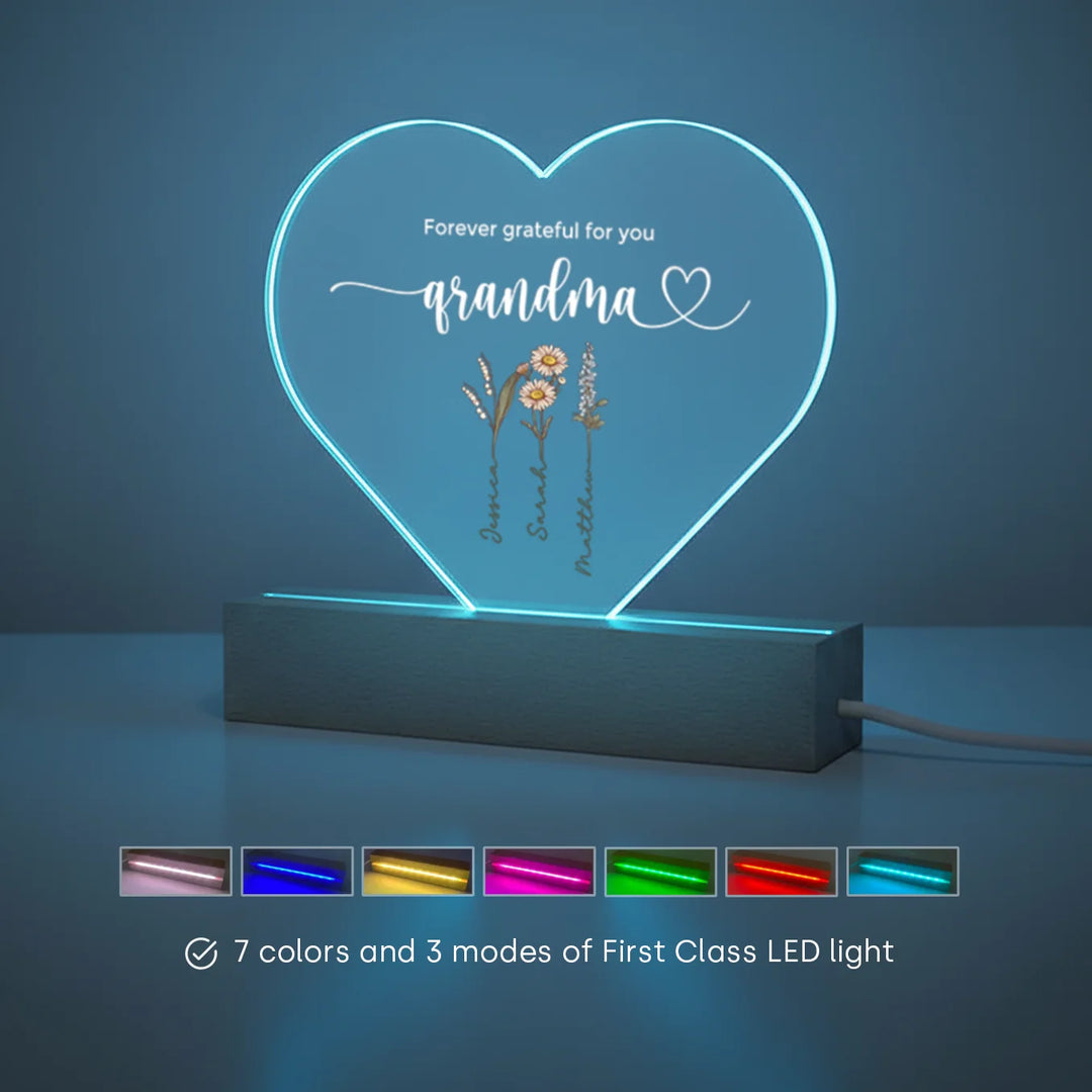 Personalized Heart Acrylic Light "Flowers for Grandma" | Night Light, Decor Light, Glow Light