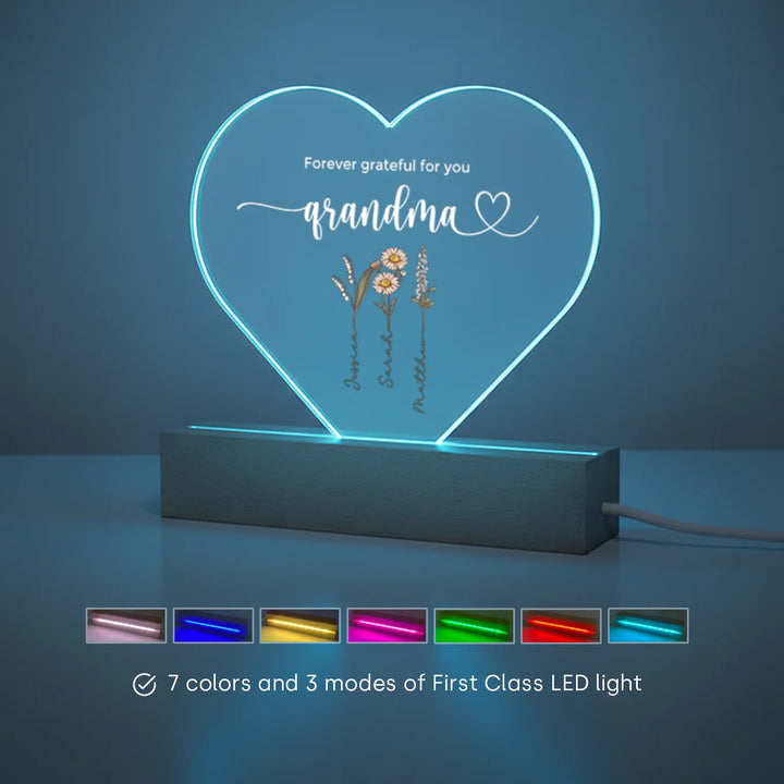 Personalized Heart Acrylic Light "Flowers for Grandma" | Night Light, Decor Light, Glow Light
