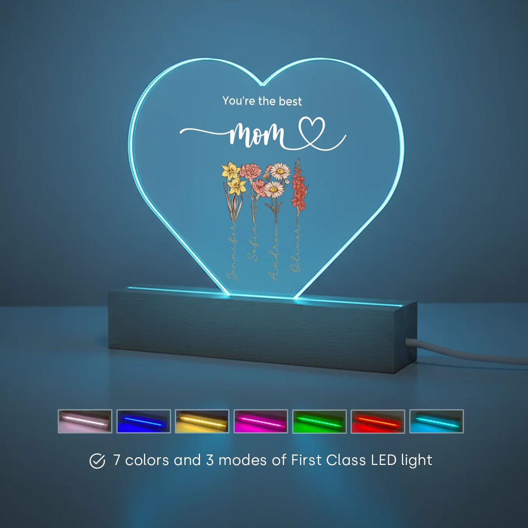 Personalized Heart-Shaped Acrylic Light "Flowers for Mom"