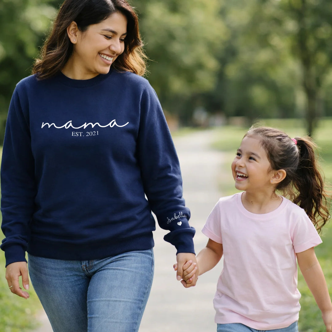 Personalized "Mama Cursive" Sweater with Sleeve Print
