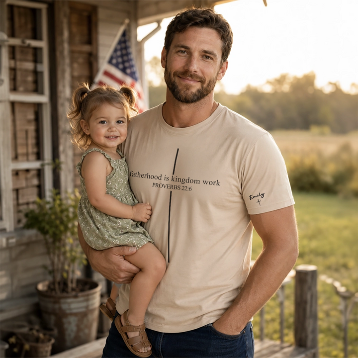 Personalized T-Shirt "Fatherhood is Kingdom Work" with Sleeve Print
