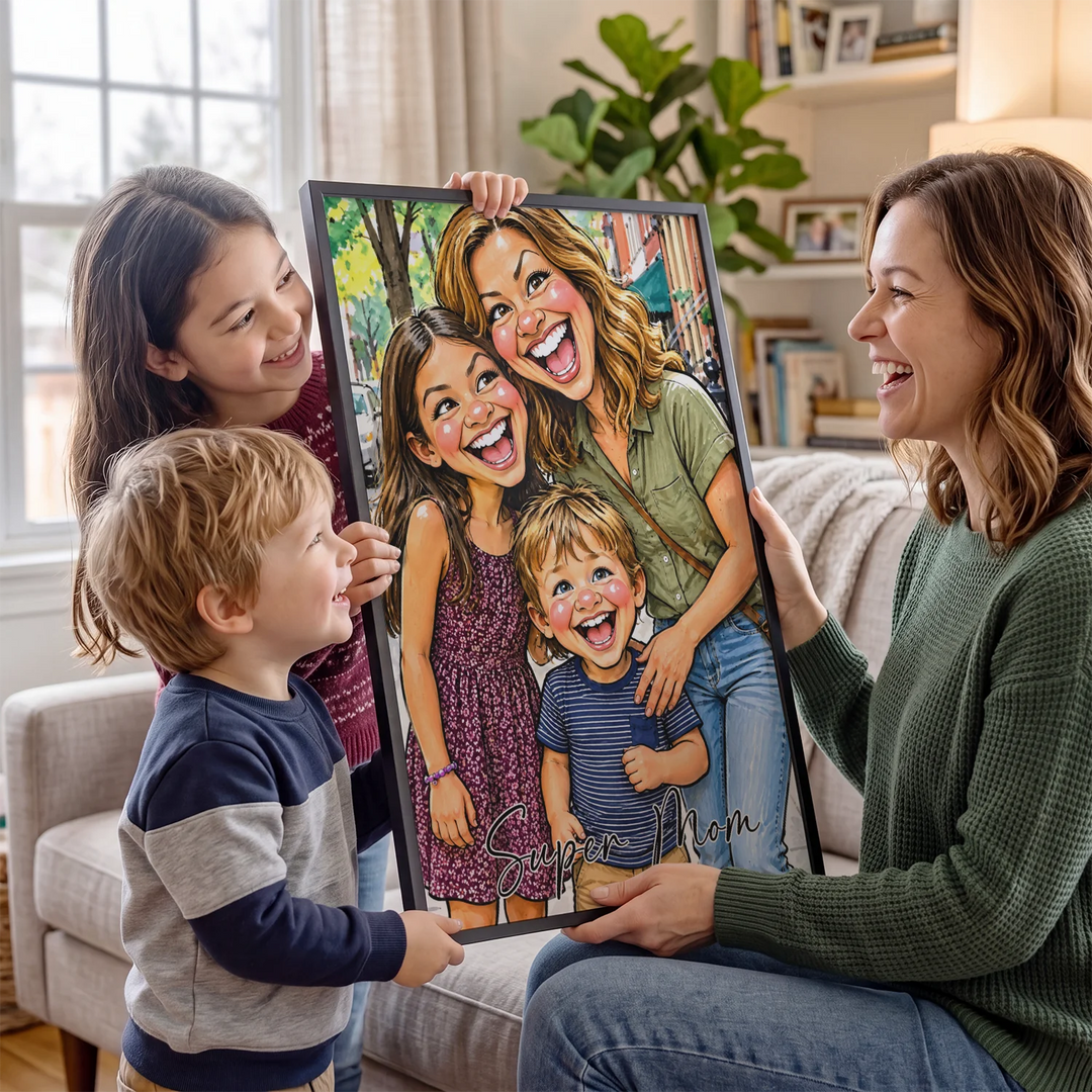 Mom and her two kids holding a personalized sketch poster with Super Mom lettering in the living room