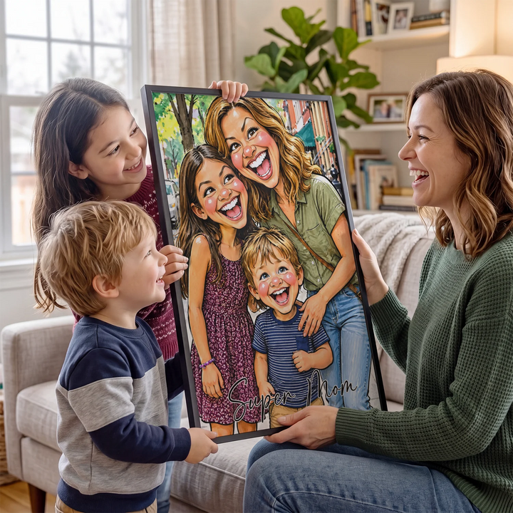 Mom and her two kids holding a personalized sketch poster with Super Mom lettering in the living room