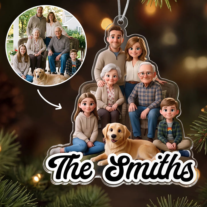 Personalized Ornament "Cartoon Portrait" for families: family photo with grandparents, kids and dog turned into a cartoon ornament with the name The Smiths, famwalls