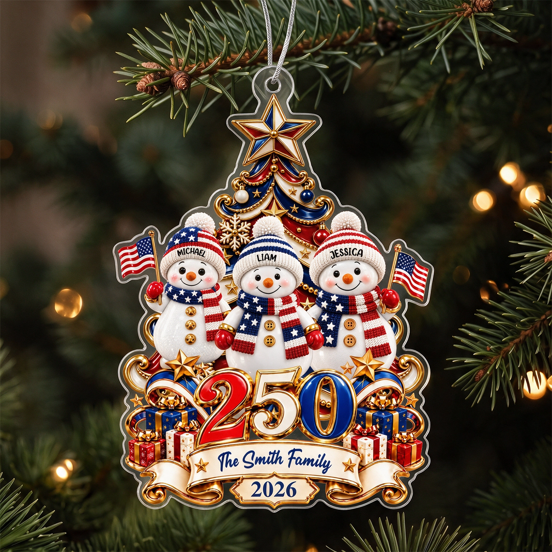 Personalized Ornament "Snowman 250 Years" for families: snowman family with the names Michael, Liam and Jessica, a big 250 and the name The Smith Family 2026, famwalls