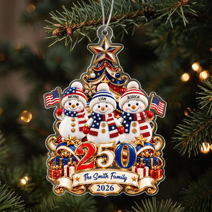 Personalized Ornament "Snowman 250 Years" for families: snowman family with the names Michael, Liam and Jessica, a big 250 and the name The Smith Family 2026, famwalls