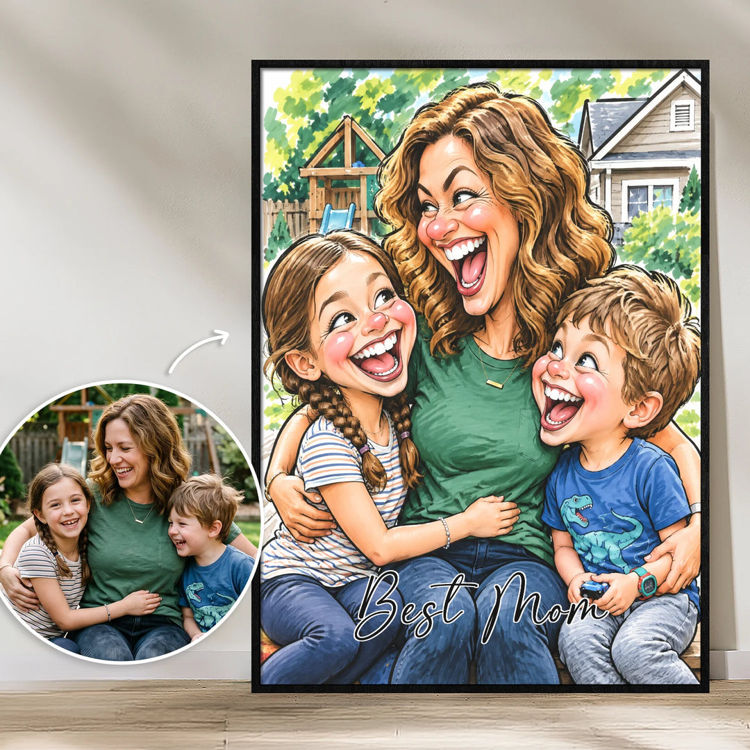 Personalized poster "Sketch Best Mom": mom with daughter and son as a fun sketched caricature from a photo with Best Mom lettering
