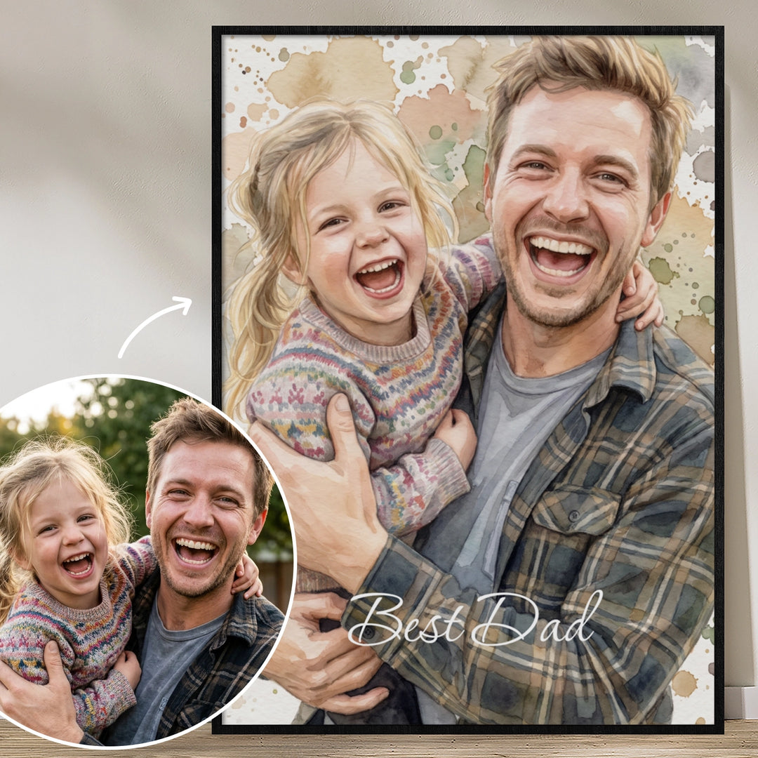 Personalized watercolor poster of a dad and his daughter with Best Dad lettering, shown next to the original photo