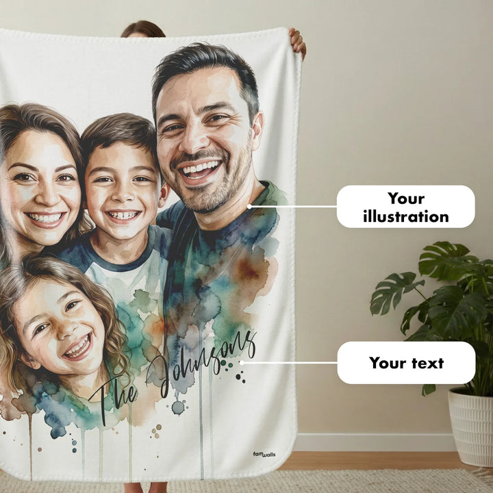 Personalized Blanket "Family Watercolor" as a gift for the family: family photo as a watercolor illustration with family name, famwalls