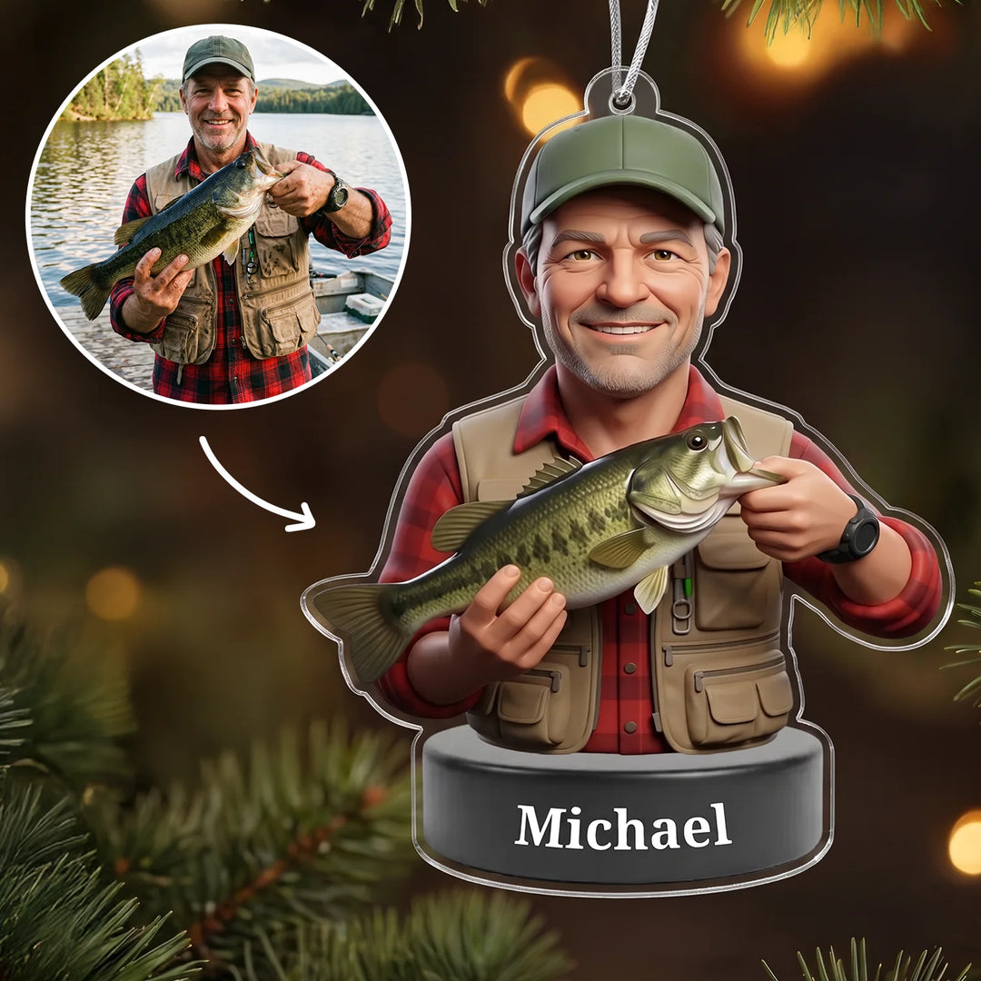 Personalized ornament "Photo Angler" as a gift for men: man from a photo as a 3D figure holding a big bass with the name Michael on the stand, famwalls