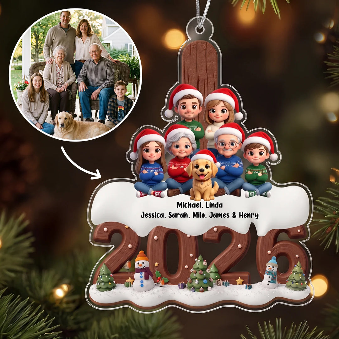 Personalized ornament "Family 2026" as a Christmas gift for families: family photo with grandparents and a golden retriever turned into 3D cartoon figures with Santa hats above the year 2026, famwalls