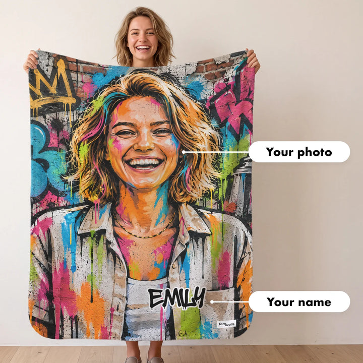 Personalized "Street Graffiti" photo blanket with name, colorful graffiti portrait as a gift for friends, famwalls