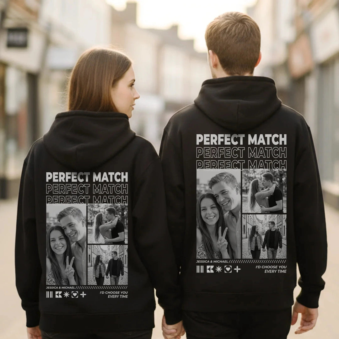 Personalized Hoodie "Perfect Match" as a gift for couples: matching black hoodies with photo collage and names printed on the back – famwalls
