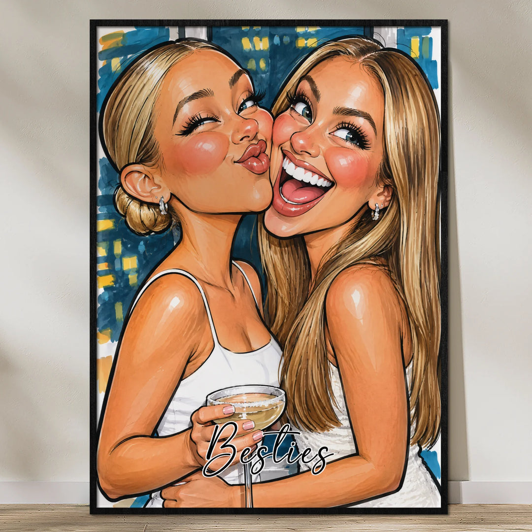 Personalized Poster "Besties Sketch" as a gift for best friends: sketched caricature of two friends with Besties lettering, famwalls
