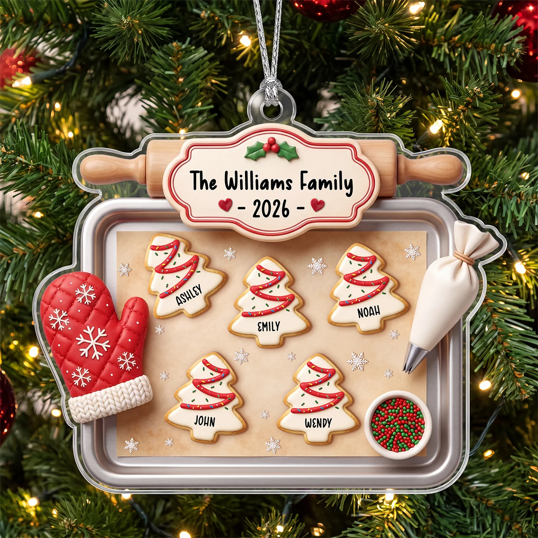 Personalized Christmas Ornament "Family Cookie Tray" as a gift for families: acrylic baking tray with tree cookies, family name and year – famwalls