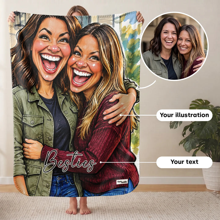 Personalized "Besties Sketch" blanket with a colorful sketch illustration of two best friends and the quote Besties, a gift for your best friend