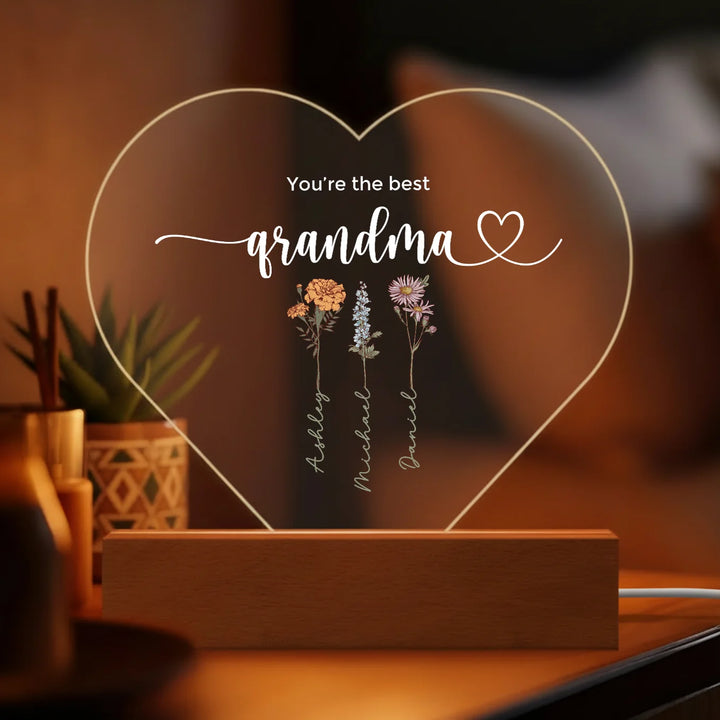 Personalized Heart Acrylic Light "Flowers for Grandma" | Night Light, Decor Light, Glow Light