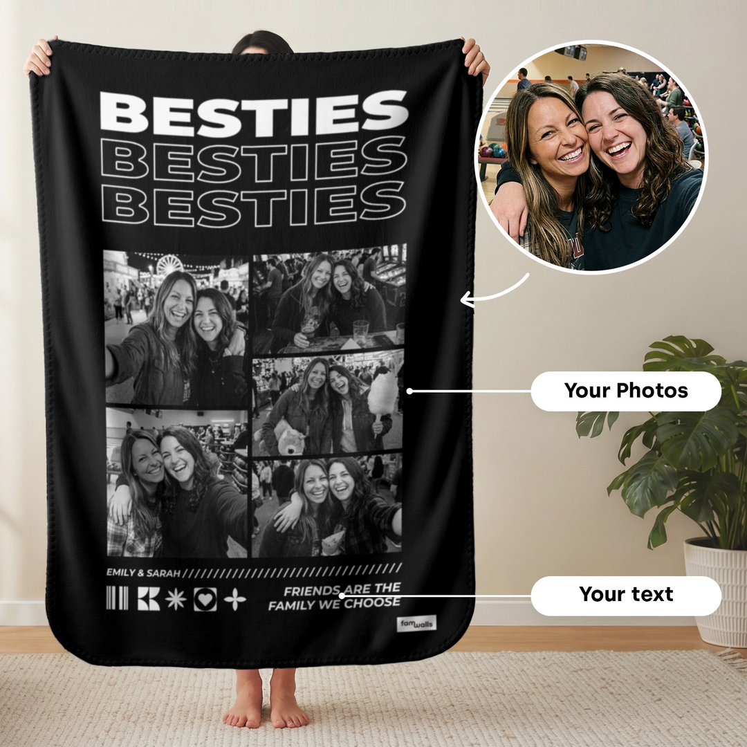 Personalized "Besties" photo blanket with a black-and-white photo collage, names and quote as a gift for your best friend, famwalls
