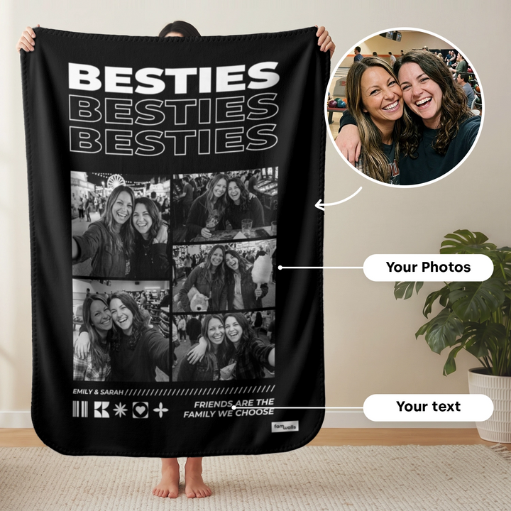 Personalized "Besties" photo blanket with a black-and-white photo collage, names and quote as a gift for your best friend, famwalls