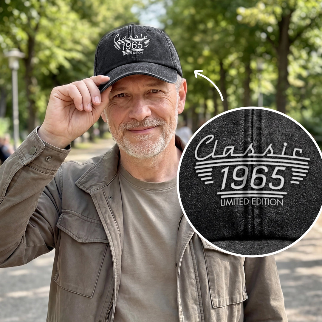 Personalized vintage cap "Limited Edition" in black with Classic, the year 1965 and Limited Edition printed on the front, worn by a man in the park