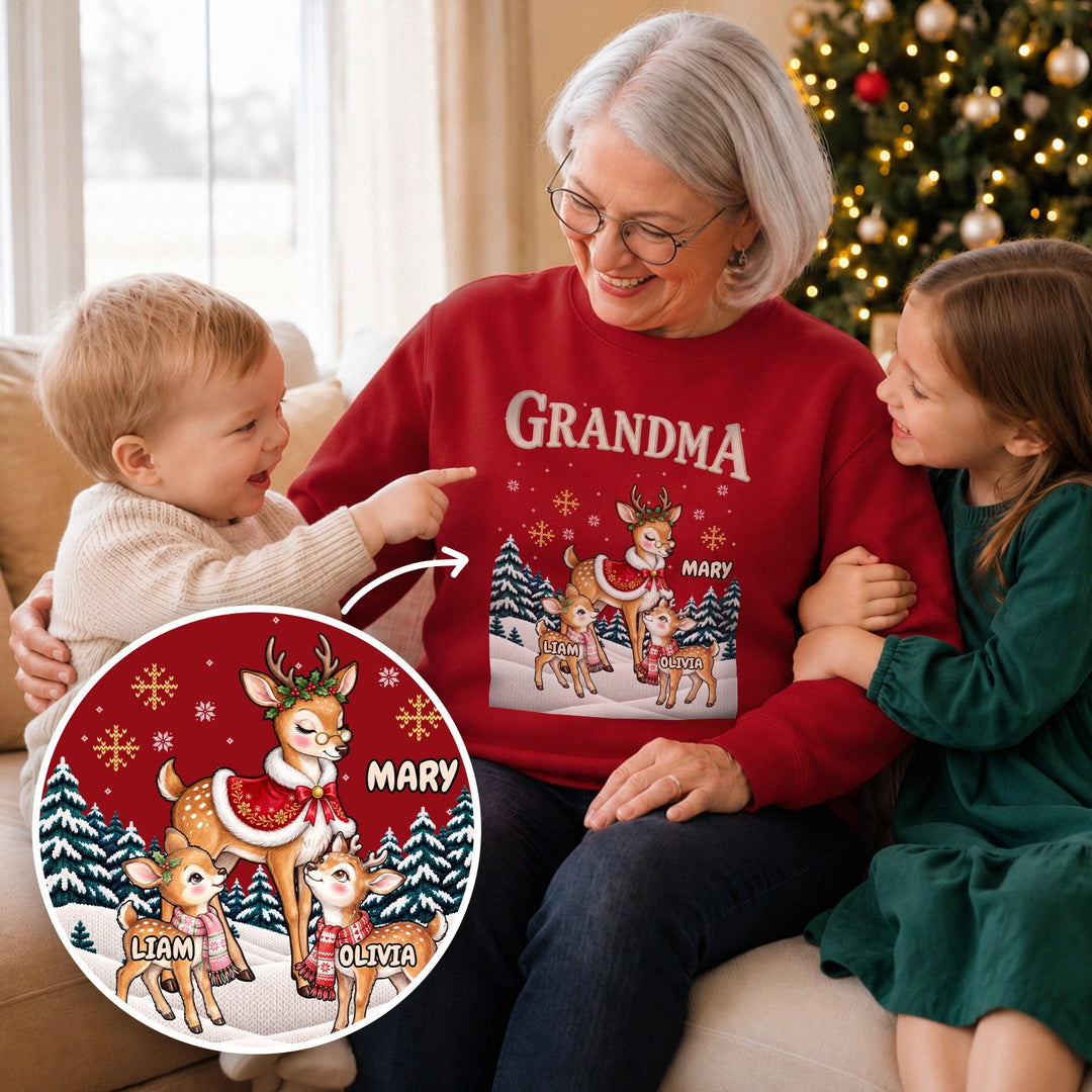 Personalized Christmas sweatshirt "Christmas Reindeer" for Grandma: red sweatshirt with GRANDMA title, mother reindeer with the name Mary and little reindeer with the grandkids' names