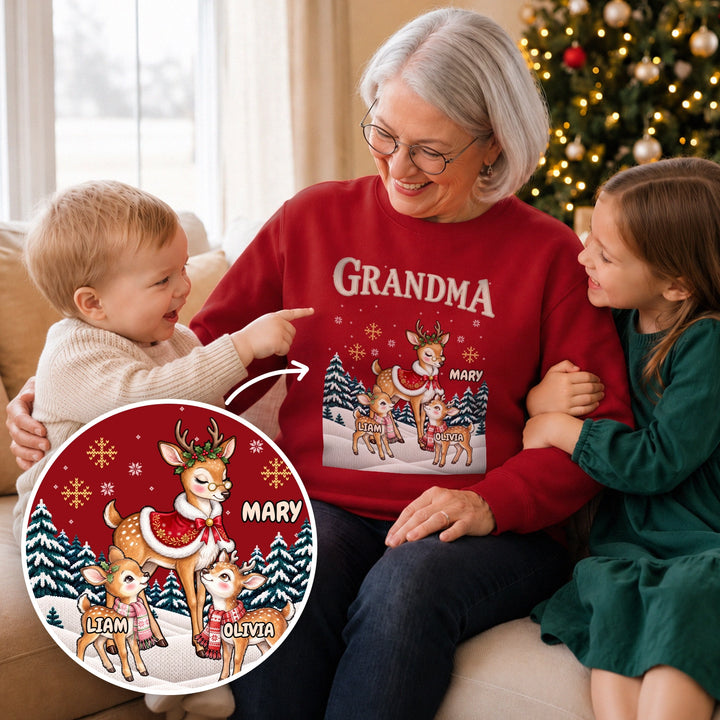Personalized Christmas sweatshirt "Christmas Reindeer" for Grandma: red sweatshirt with GRANDMA title, mother reindeer with the name Mary and little reindeer with the grandkids' names