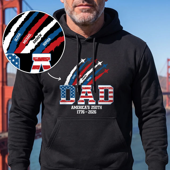 Personalized Hoodie "American Legend" as a gift for dads: black hoodie with stars-and-stripes DAD, jets and kids' names – famwalls
