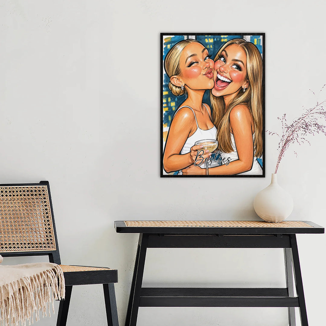 Besties Sketch poster in a frame on the wall above a console table